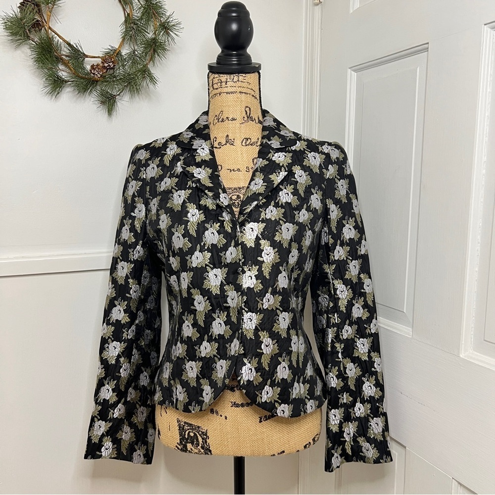 Rebecca Taylor Silk Cotton Blend Black Floral Metallic Crop Blazer